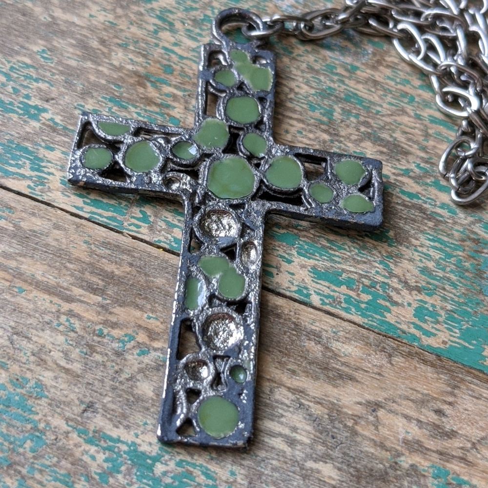 Vintage Silver and Enameled Green Cross Pendant Necklace